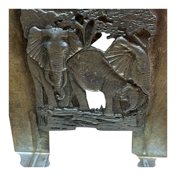 Vintage METZKE Pewter Bookends African Elephants 3-Dimensional Metal Patina - Picture 9 of 16